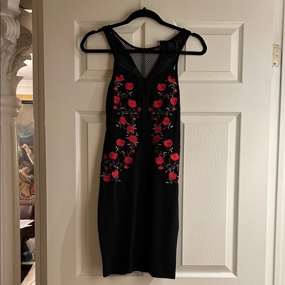 Derek Heart Black Mini Dress with Red Floral Design
